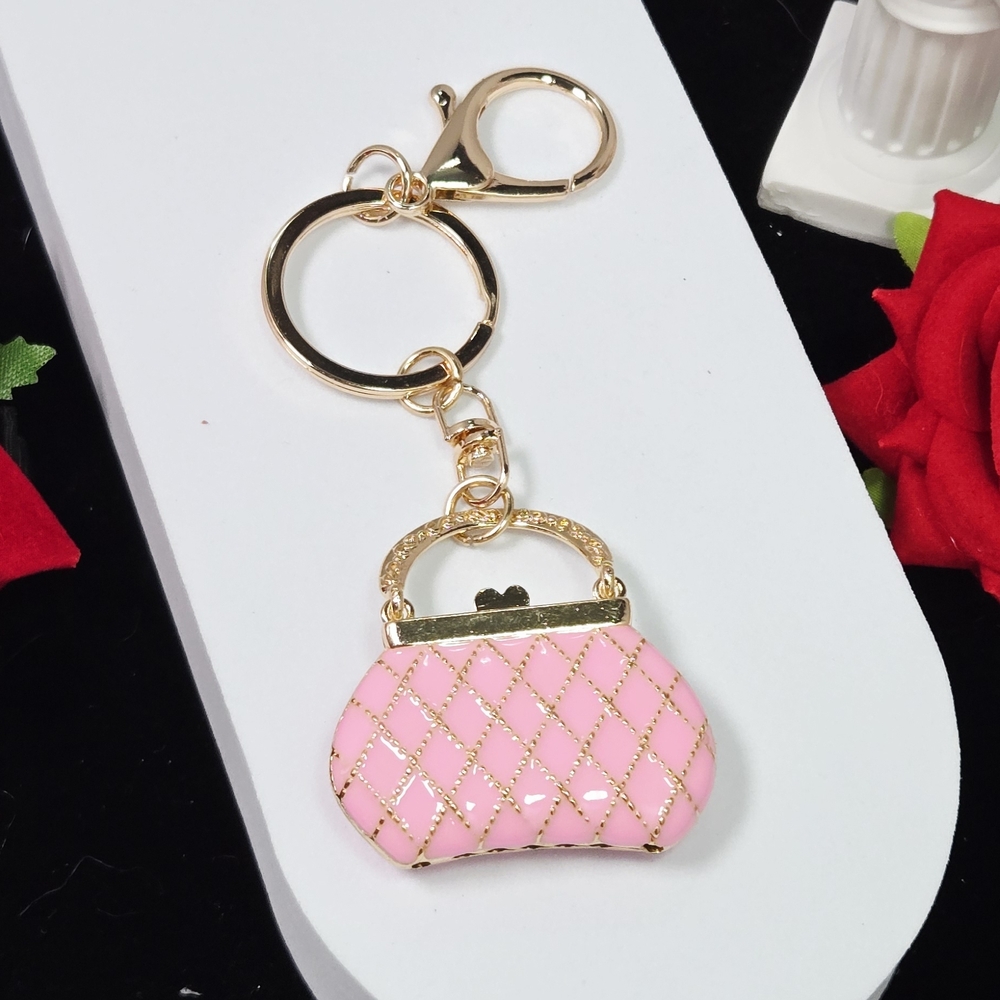 Pink Quilted Purse Rhinestone Keychain Gold Bag Charm w/ Bow Puffy Keyring Clip - Picture 4 of 12